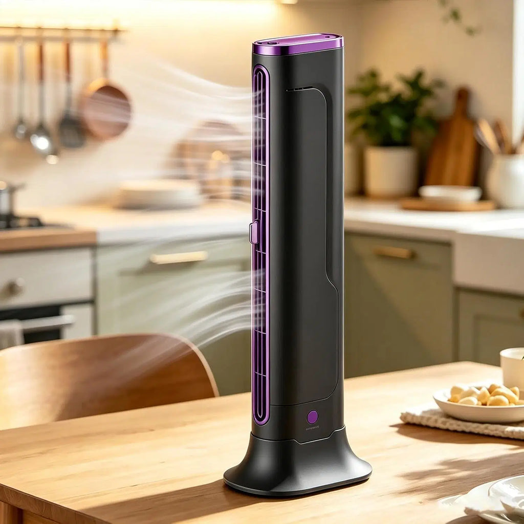 Small Portable Air Conditioner – Compact Portable Rechargeable USB Bladeless Tower Fan for Office, Home, Car, Camping, Interior, Travel, Motorhome, Garage