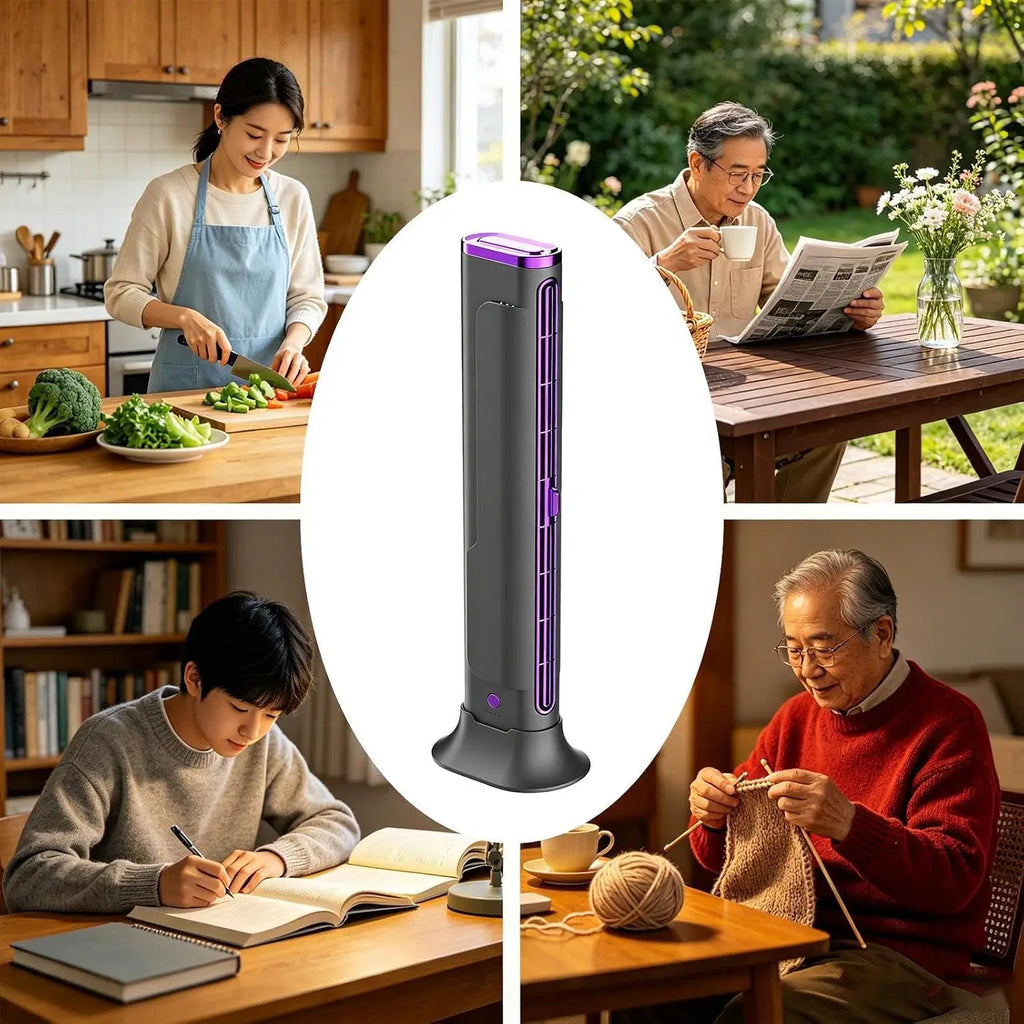 Small Portable Air Conditioner – Compact Portable Rechargeable USB Bladeless Tower Fan for Office, Home, Car, Camping, Interior, Travel, Motorhome, Garage