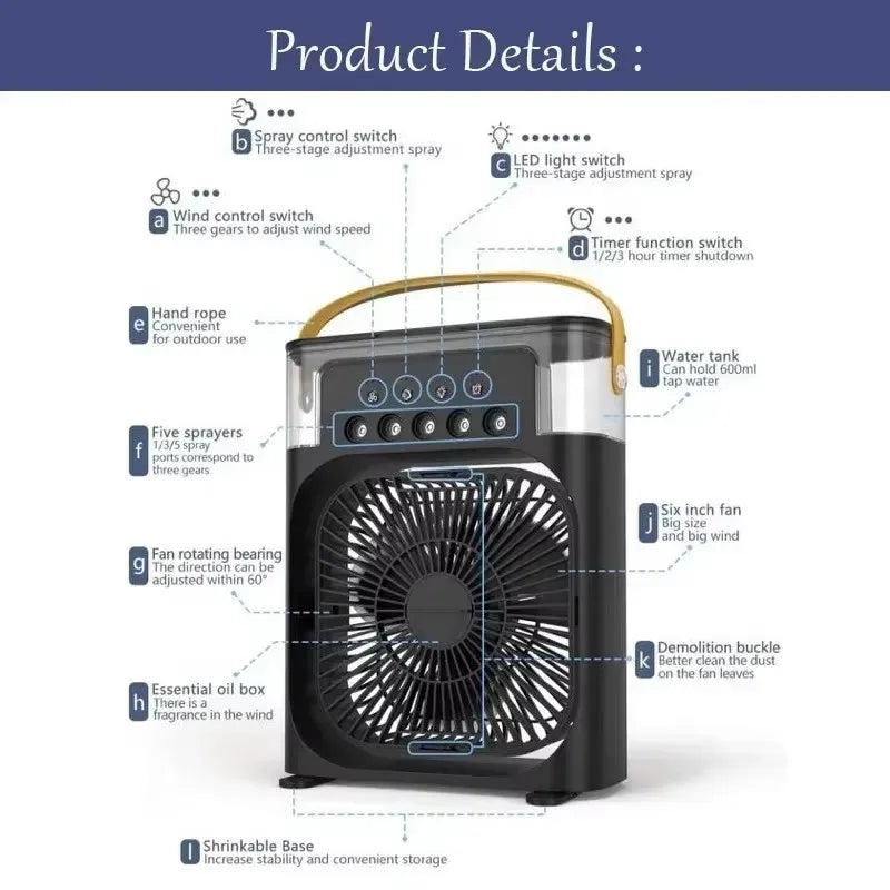 Mini Ventilateur Climatiseur 3-en-1 avec LED & Humidificateur
