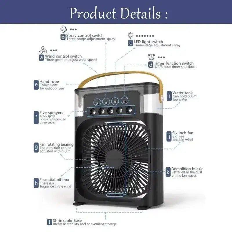 Mini Ventilateur Climatiseur 3-en-1 avec LED & Humidificateur